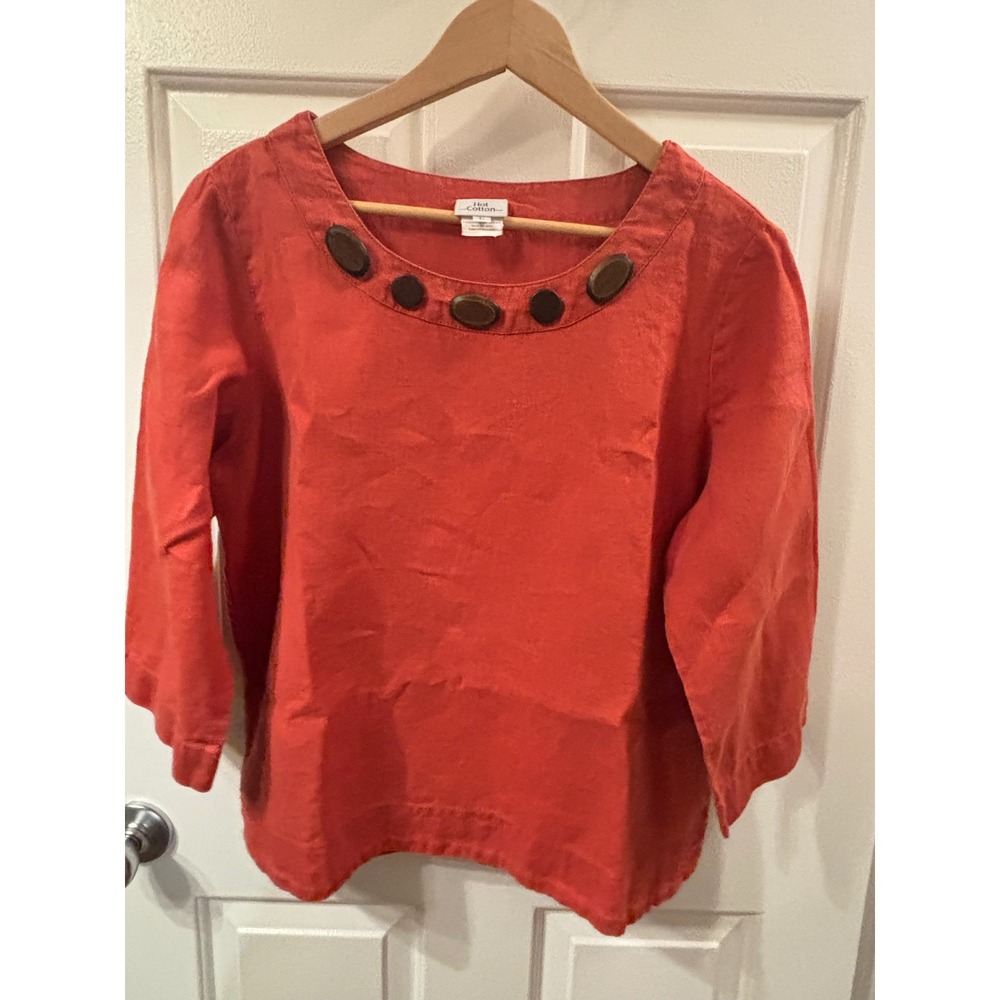 VTG Hot Cotton Womens  Linen Blouse Orange 3/4 Sleeve Wood Button Boat Neck L